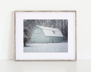 Blue Barn in Winter Snow