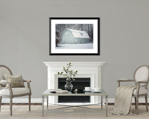 Blue Barn in Winter Snow
