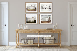 Modern White Barns in Winter, Spring, Summer and Fall