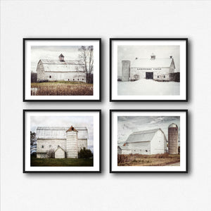 Modern White Barns in Winter, Spring, Summer and Fall