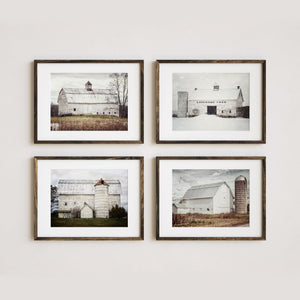 Sunset Studio Farmhouse Decor Modern White Barns in Winter, Spring, Summer and Fall